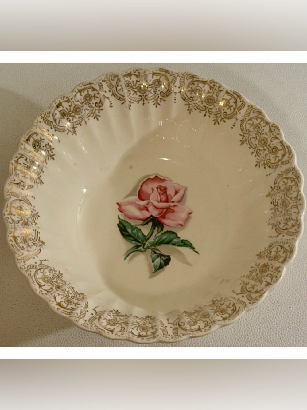 American Limoges Le Fleur Rouge Serving Bowl Pink Rose 22K Gold Vintage Floral